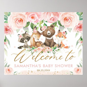 Woodland Animals Pink Floral Baby Dusche Willkomme Poster