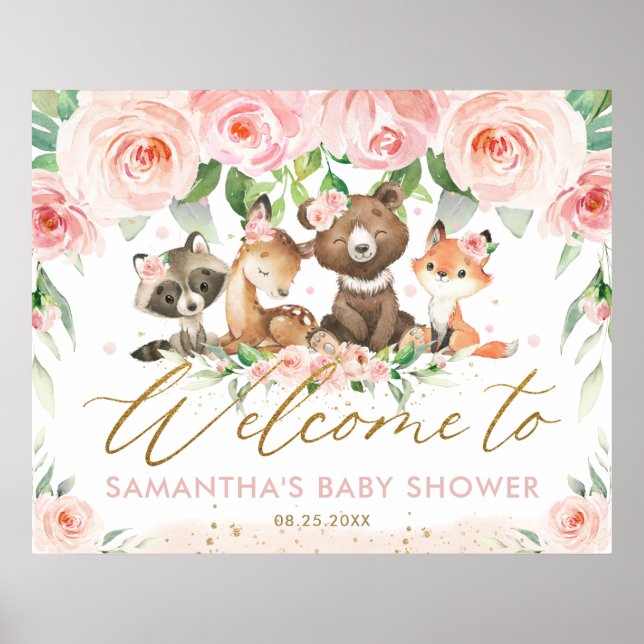 Woodland Animals Pink Floral Baby Dusche Willkomme Poster (Vorne)