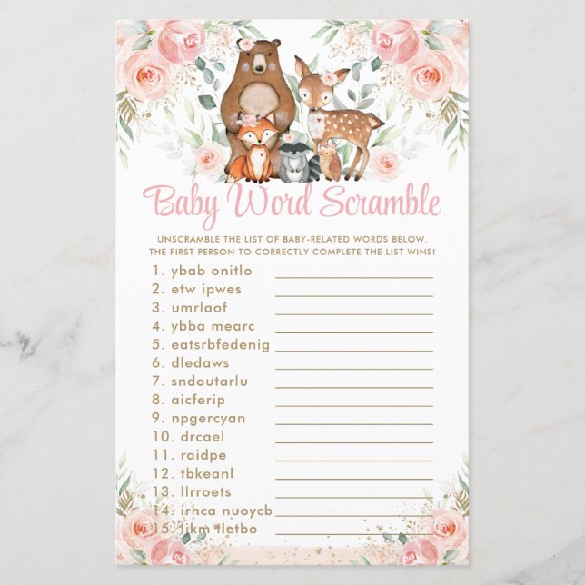 Woodland Animals Pink Floral Baby Word Scramble (Vorderseite)