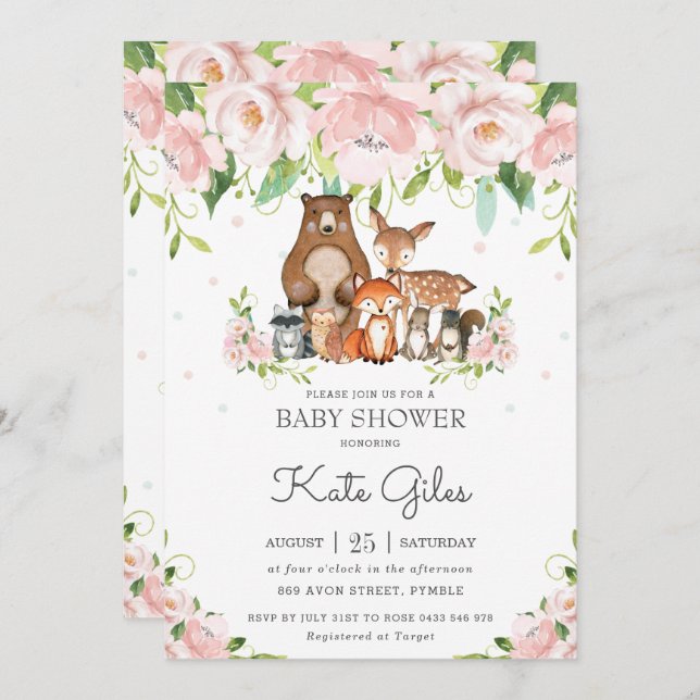 Woodland Animals Pink Floral Girl Babydusche Einladung (Vorne/Hinten)