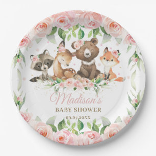 Woodland Animals Pink Floral Girl Babydusche Pappteller