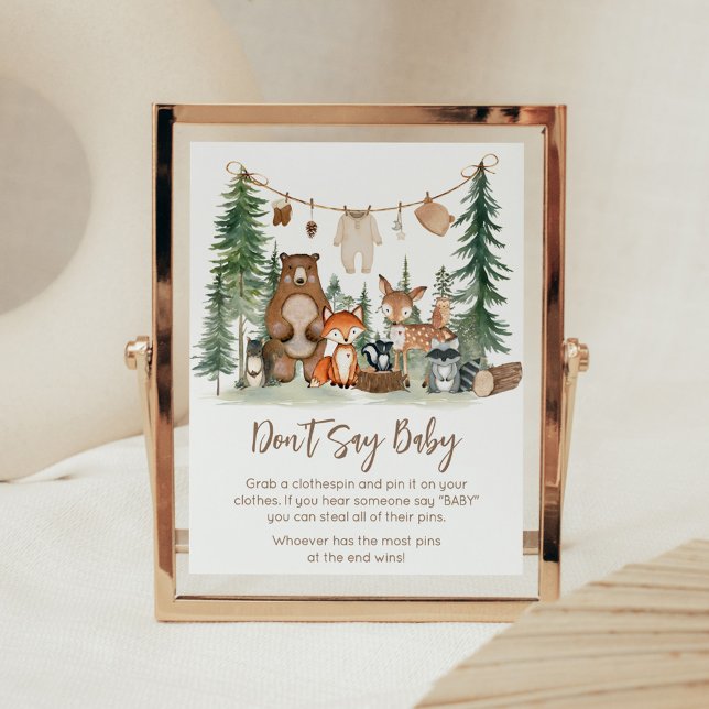 Woodland Animals Shower Don't Say Baby Sign Poster (Woodland Animals Adventure Awaits Rustic Baby Shower Sign)