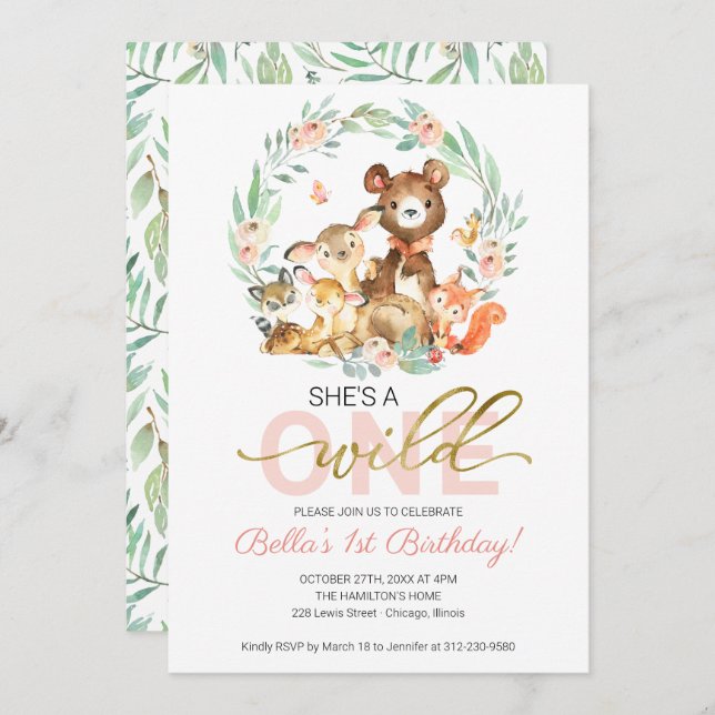 Woodland Animals Sie ist ein wilder erster Geburts Einladung (Vorne/Hinten)