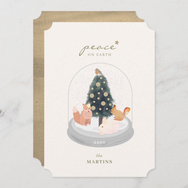 Woodland Animals Snow Globe Gold Weihnachtskarte Einladung (Vorne/Hinten)
