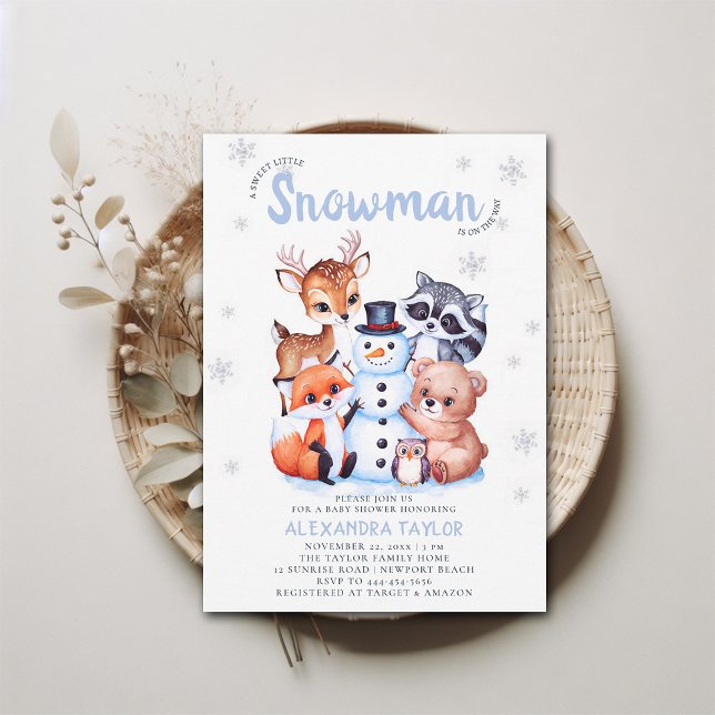 Woodland Animals Snowman Winter Boy Baby Dusche Einladung (winter baby shower invitation boy woodland snowman cute characters watercolor illustration)