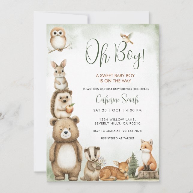  Woodland Animals Sweet Baby Boy Baby Shower Einladung (Vorderseite)