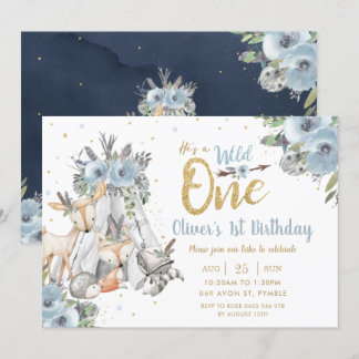 Woodland Animals Tribal Blue Wild 1 1. Geburtstag Einladung