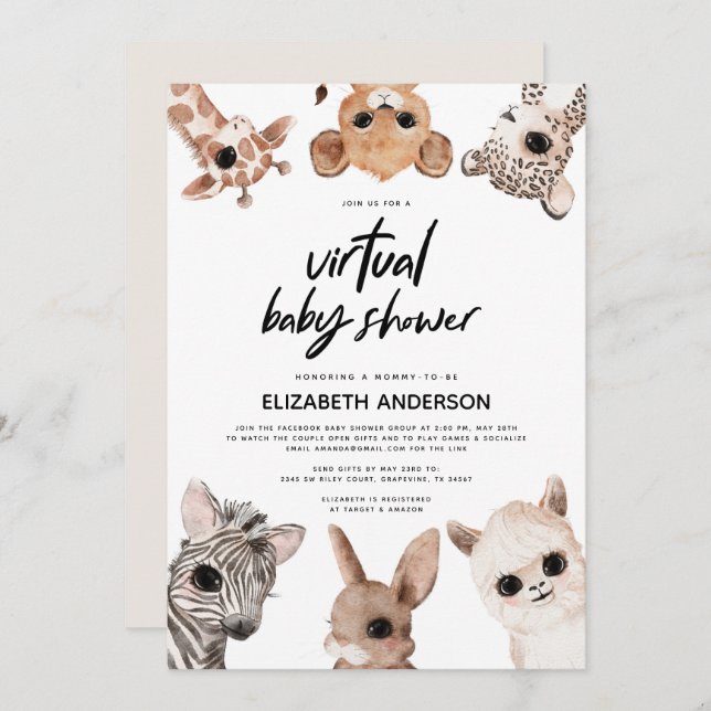 Woodland Animals Virtual Modern Baby Dusche Einladung (Vorne/Hinten)