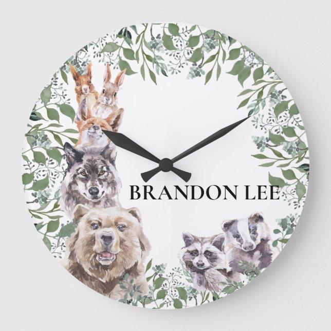 Woodland Animals Watercolor monogram Child Room Große Wanduhr (Vorderseite)