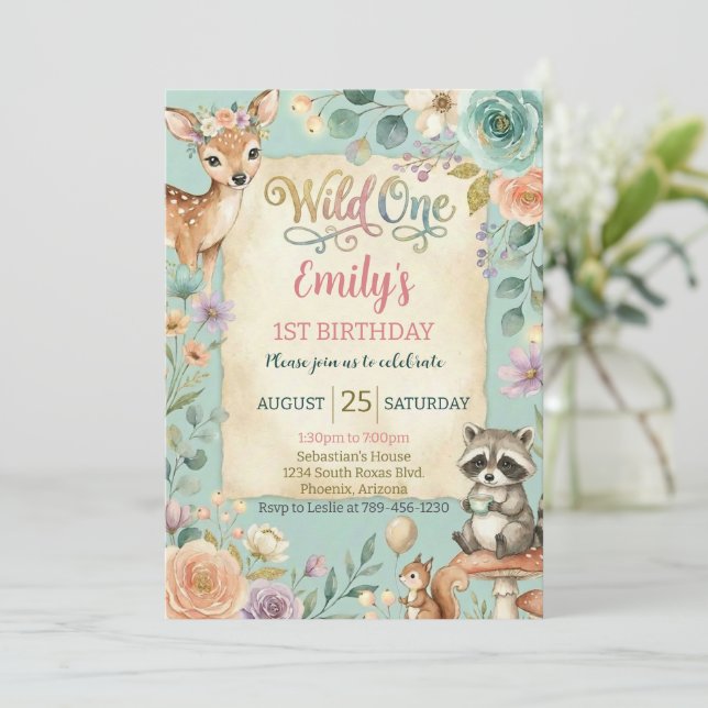 Woodland Animals Wild One Birthday Invitation Einladung (Stehend Vorderseite)