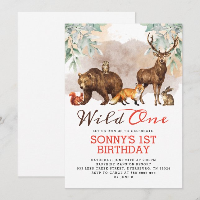 Woodland Animals Wild One Birthday Party Einladung (Vorne/Hinten)