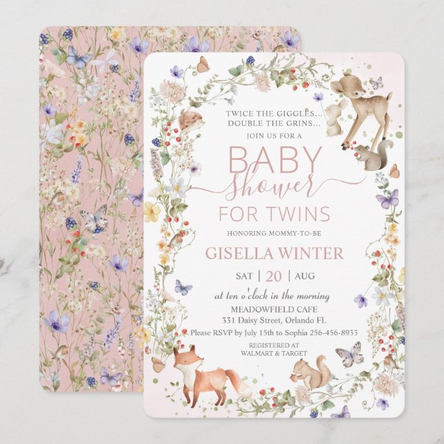 Woodland Animals Wildflower Twins Baby Shower Einladung (Vorne/Hinten)