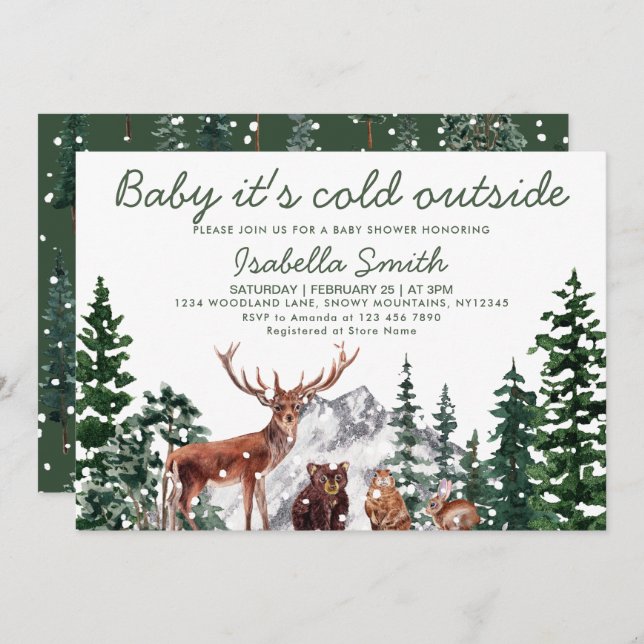 Woodland Animal's Winter Baby Shower Einladung (Vorne/Hinten)