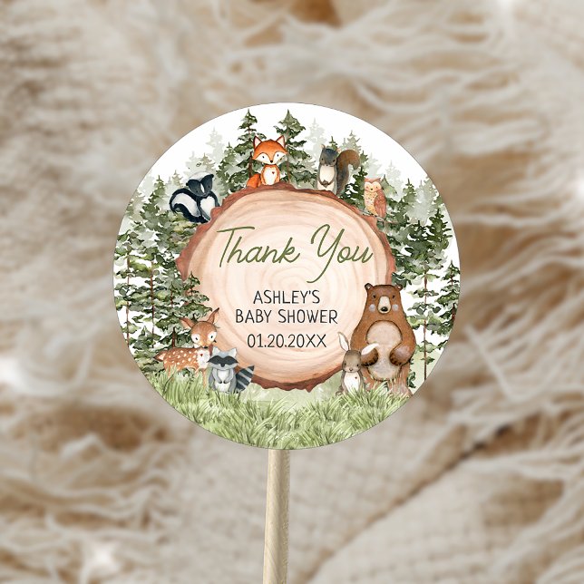 Woodland Animals Wood Slice Baby Dusche Runder Aufkleber (Woodland Animals Wood Slice Baby Shower Sticker)
