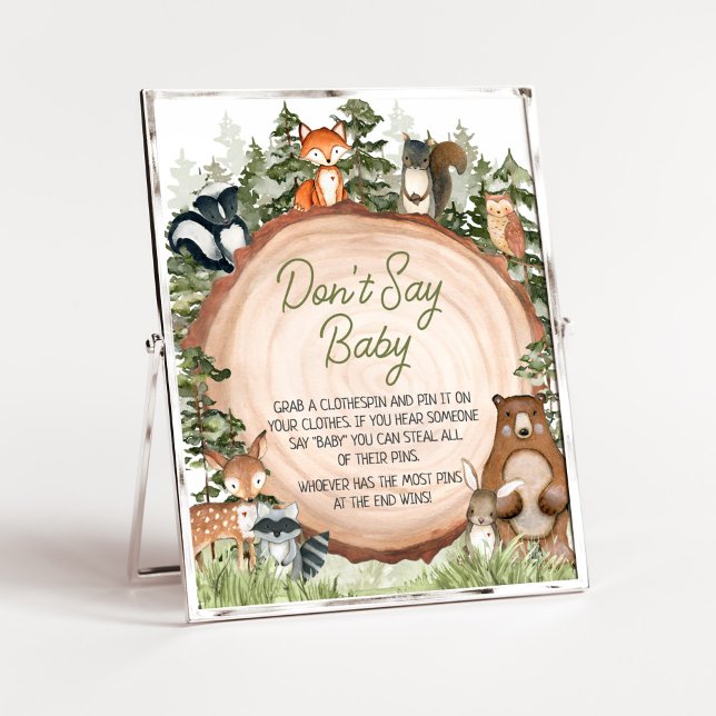 Woodland Animals Wood Slice sagen nicht Baby Poster (Boy Woodland Animals Baby Shower Don't Say Baby Sign)