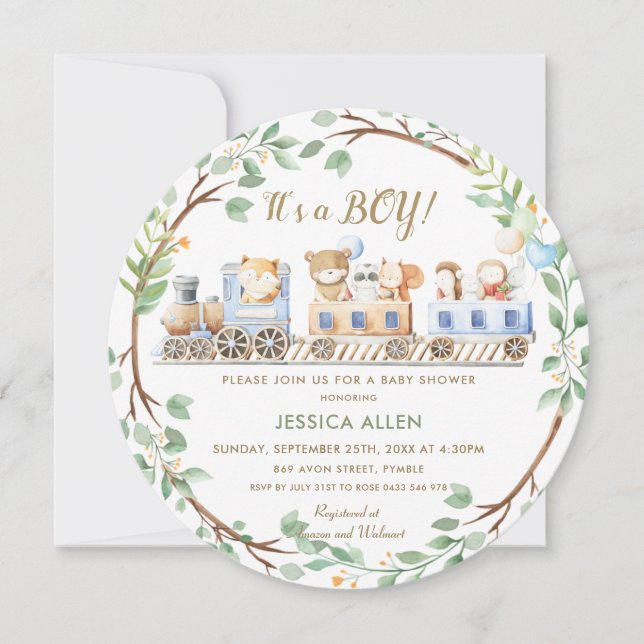 Woodland Animals Züge Grünpflanzen Kinderdusche   Einladung (Vorderseite)