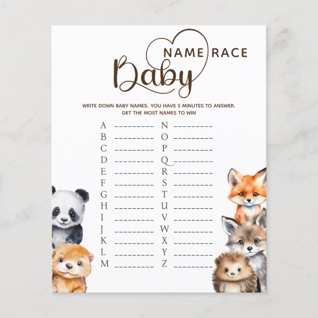 Woodland Animes Baby Name Race Game Card (Vorderseite)