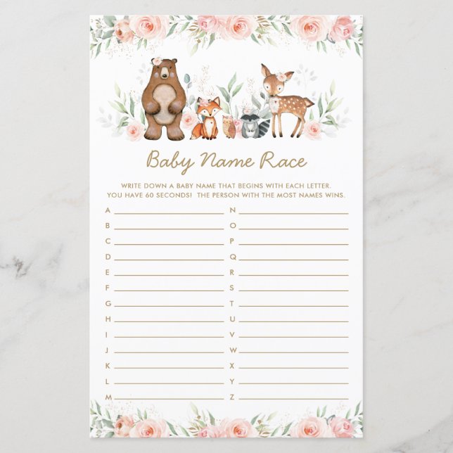 Woodland Animes Blush Floral Baby Name Race Game (Vorderseite)