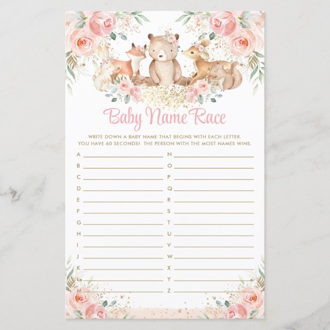 Woodland Animes Blush Floral Baby Name Race Game (Vorderseite)