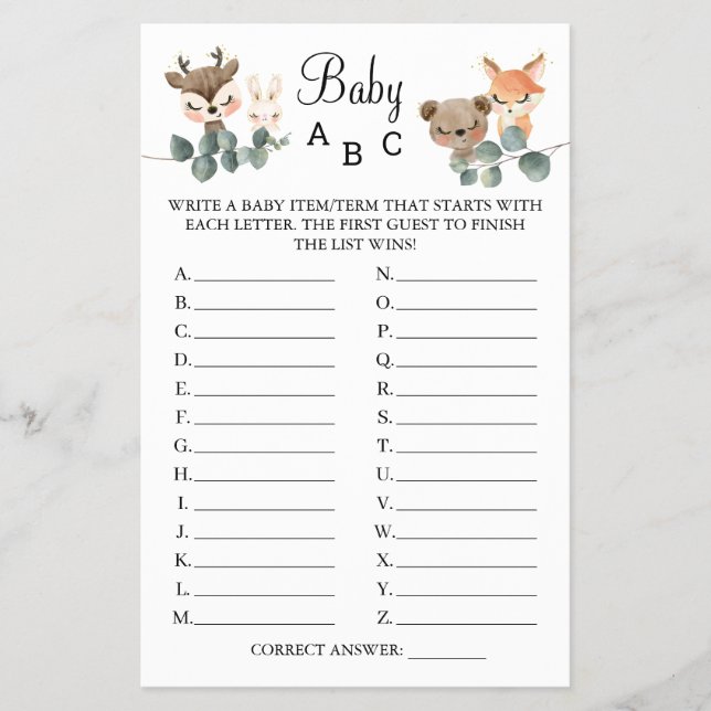 Woodland Baby ABC Duschspielkarte Flyer (Vorne)