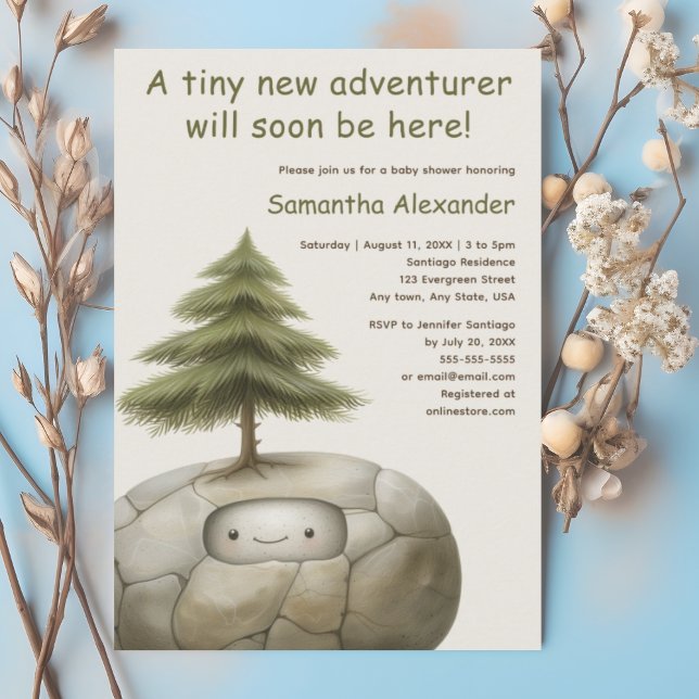 Woodland Baby Adenturer Babydusche Einladung (Woodland Adventure baby shower invitation.  Cute baby peeking from rock.)