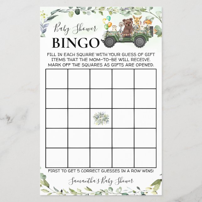 Woodland Baby Animals Dusche Bingo Game Card Flyer