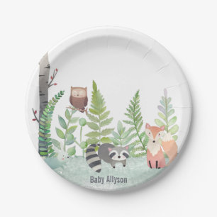 Woodland Baby Animals Greenery Monongram   Pappteller