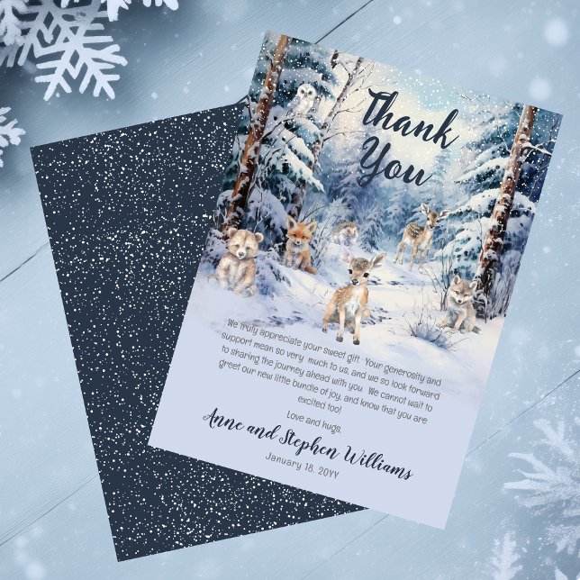 Woodland Baby Animals Winter Boy Baby Dusche Dankeskarte (Blue Rustic Woodland Animals Baby It's Cold Outside Boy Baby Shower | Sprinkle Thank You Card)