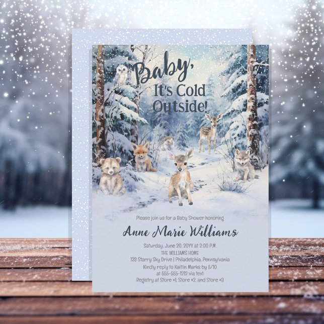 Woodland Baby Animals Winter Boy Baby Dusche Einladung (Blue Rustic Woodland Animals Baby It's Cold Outside Boy Baby Shower Invitation)