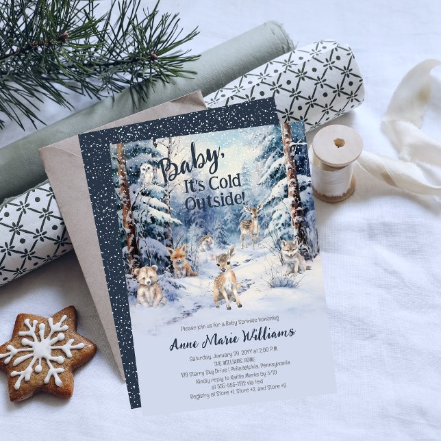 Woodland Baby Animals Winter Boy Baby Sprinkle Einladung (Blue Rustic Woodland Animals Baby It's Cold Outside Boy Baby Sprinkle Invitation)