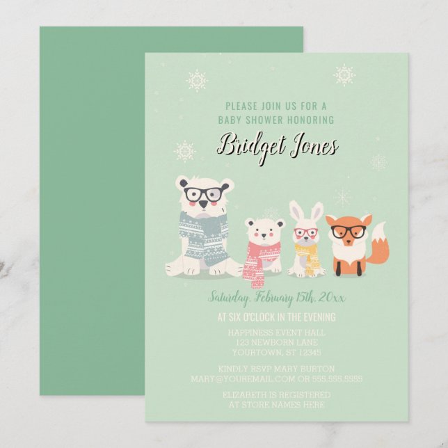 Woodland Baby Animals Winter Forest Baby Shower Einladung (Vorne/Hinten)