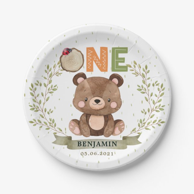 Woodland Baby Bear 1. Geburtstag Papierplatte Pappteller (Vorderseite)