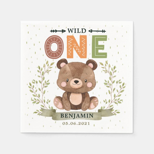 Woodland Baby Bear Wild Ein Geburtstag Napkins Serviette (Vorderseite)