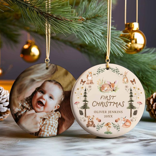 Woodland Baby Boy First Christmas Foto Ornament (Woodland First Christmas Photo Ornament)