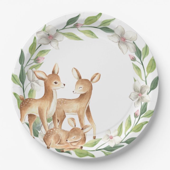 Woodland Baby Deer Baby Shower Paper Plate Pappteller (Vorderseite)
