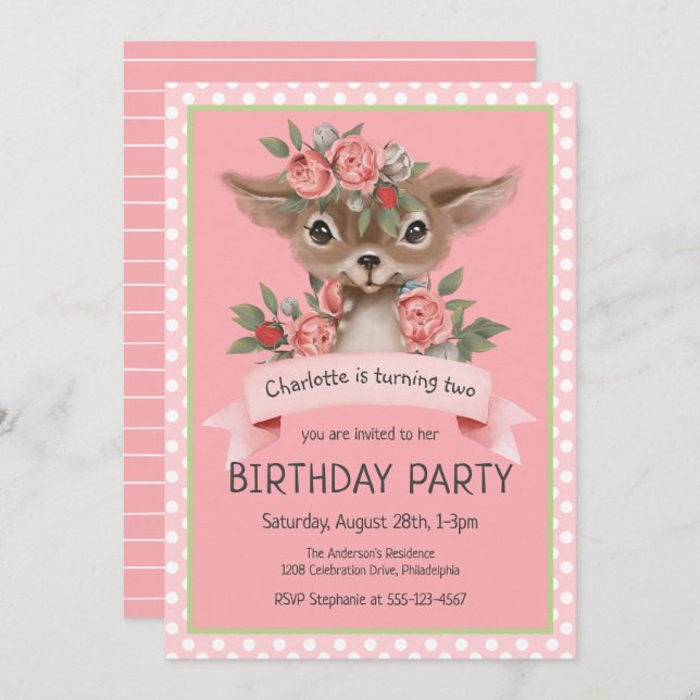 Woodland Baby Deer Pink Girl's Birthday Party Einladung (Vorne/Hinten)
