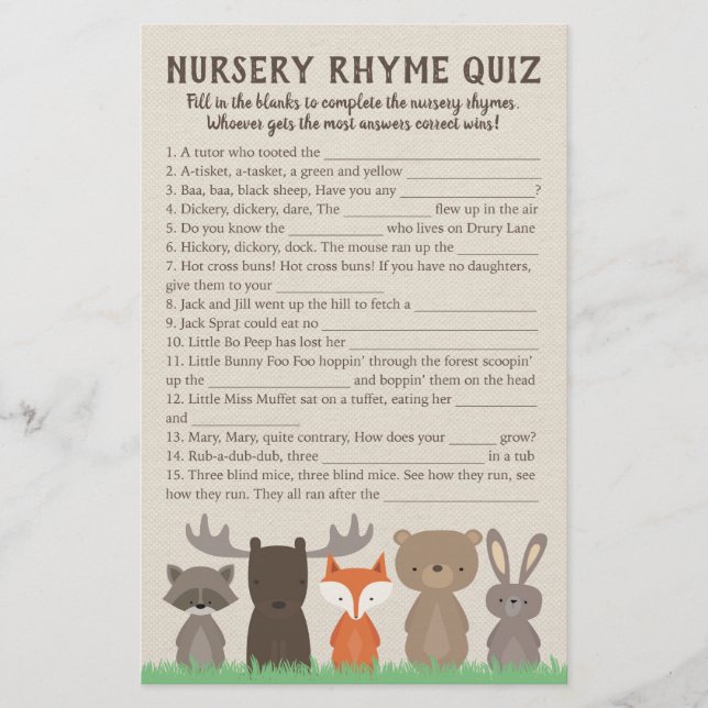 Woodland Baby Dusche Kinderzimmer Rhyme Quiz Spiel Flyer (Vorne)