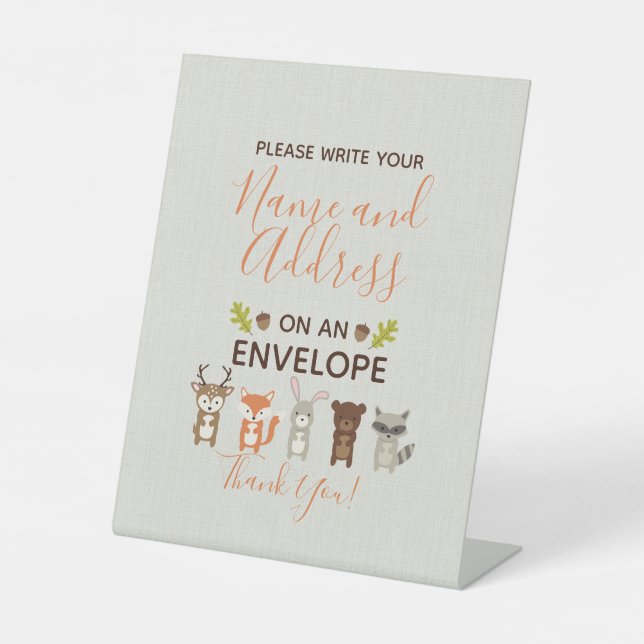 Woodland Baby Dusche Rücksendeadresse Zeichen Sockelschild (Vorderseite)