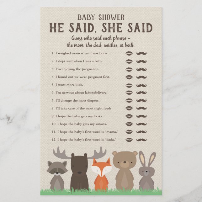 Woodland Baby Dusche sagte er sagte, sie sagte Spi Flyer (Vorne)