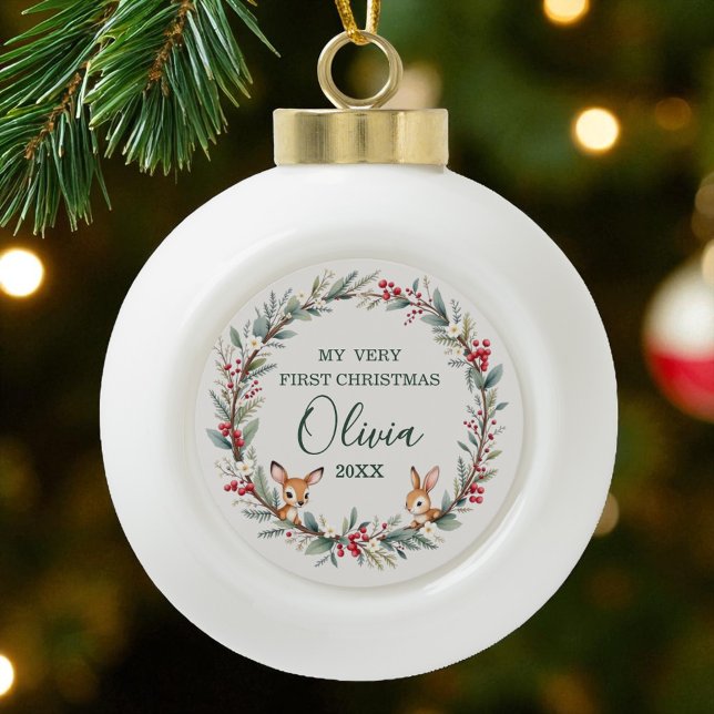 Woodland Baby First Christmas Personalisiert Keramik Kugel-Ornament (Von Creator hochgeladen)