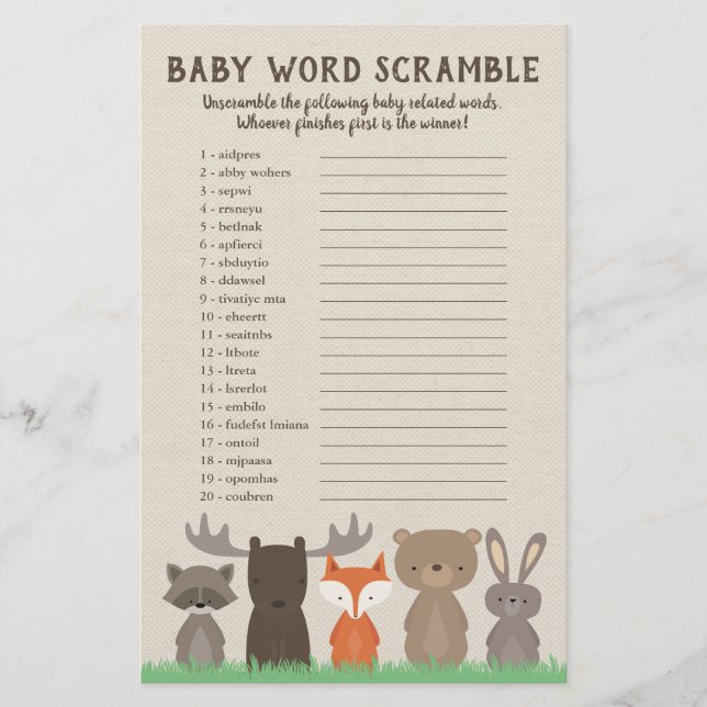 Woodland Baby Shooter Word Scramble Game Cards Flyer (Vorne)