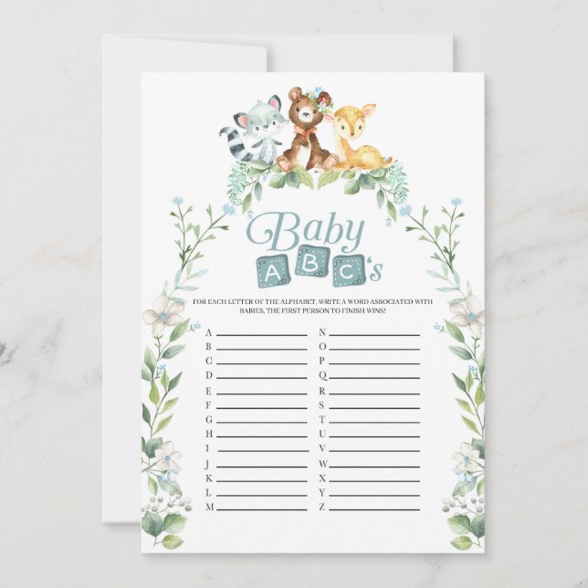 Woodland Baby Shower Baby ABC's Game Einladung (Vorderseite)