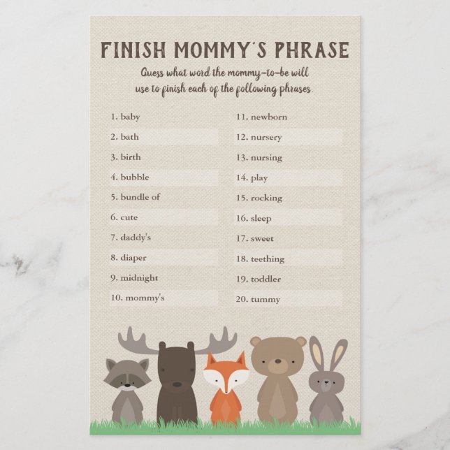 Woodland Baby Shower beendet Mommy's Phrase Game Flyer (Vorne)