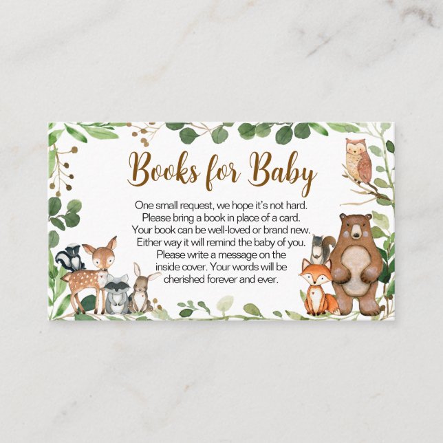 Woodland Baby Shower Books for Baby Visitenkarte (Vorderseite)