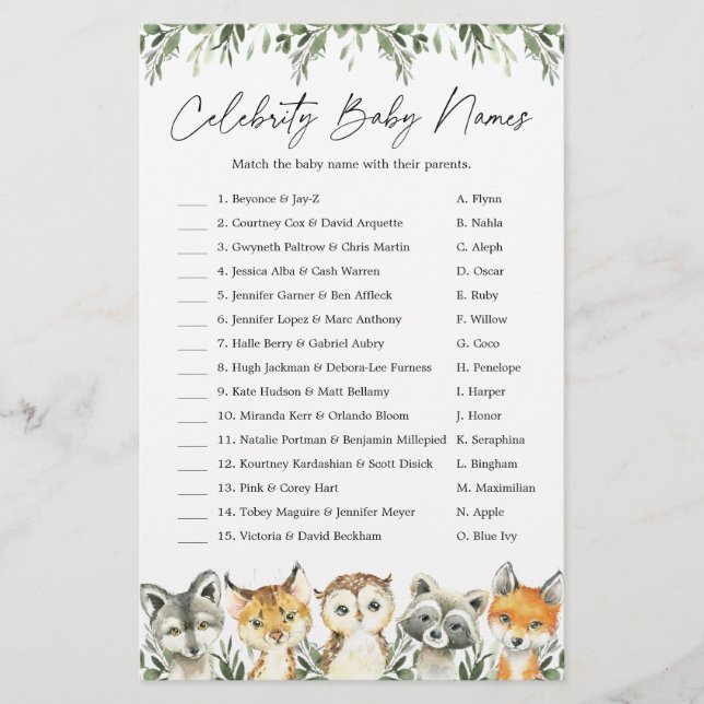Woodland Baby Shower Celebrity Baby Names Game (Vorderseite)