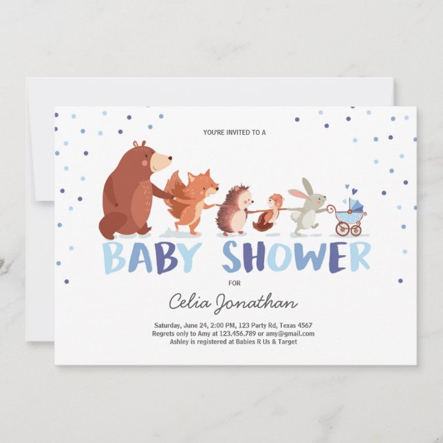 Woodland Baby Shower Einladung Boy Forest Animals (Vorderseite)