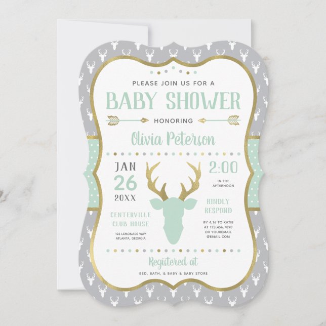 Woodland Baby Shower Einladung, Minze, Grau, Gold Einladung (Vorderseite)