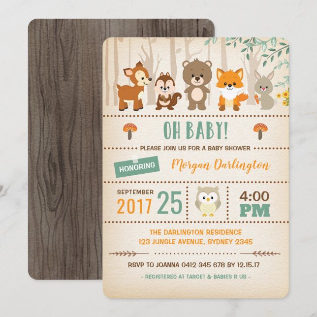 Woodland Baby Shower Einladung Waldtiere (Vorne/Hinten)