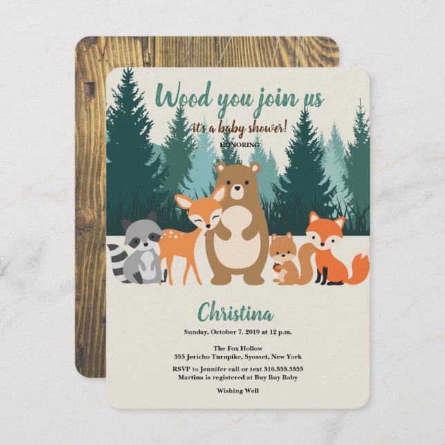 Woodland Baby Shower Forest Animals Grüne Invit Einladung (Vorne/Hinten)