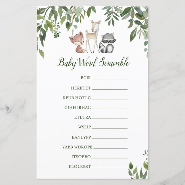 Woodland Baby Shower Game - Baby Word Scramble (Vorderseite)